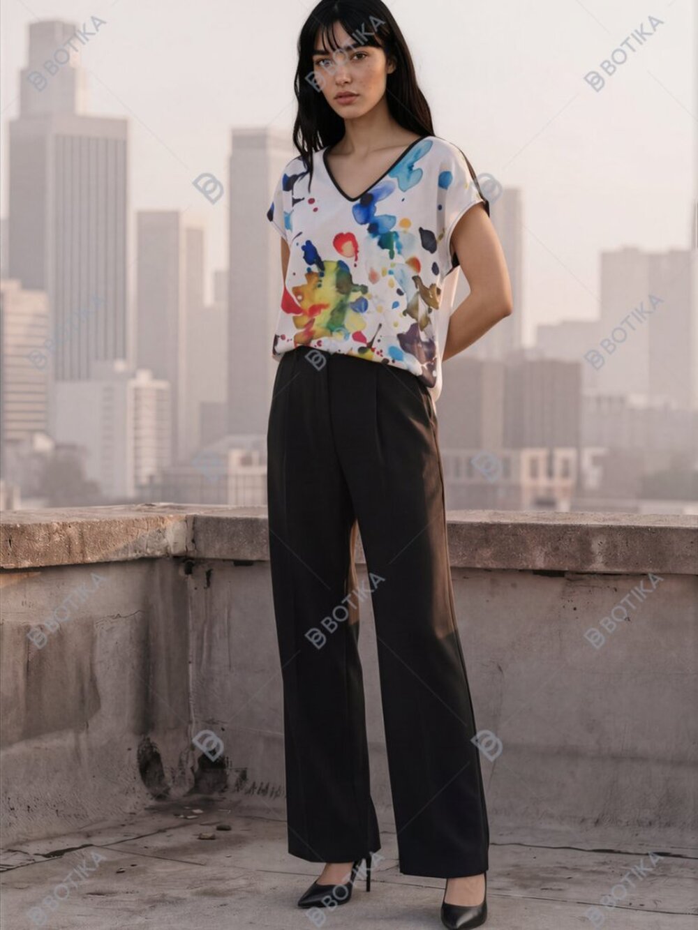 SpringSplatterII Abstract Art V‑Neck Blouse – Rare VIDA × Noora Elkoussy Collab